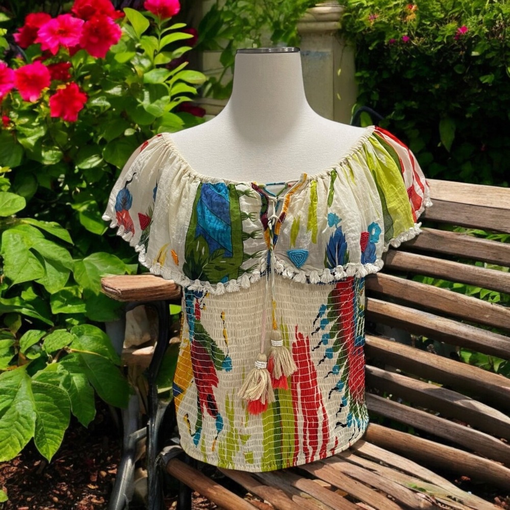 NJ Couture Colorful Smocked Off-Shoulder Boho Top M/L Tassel Tie Ruffled‎ Floral
